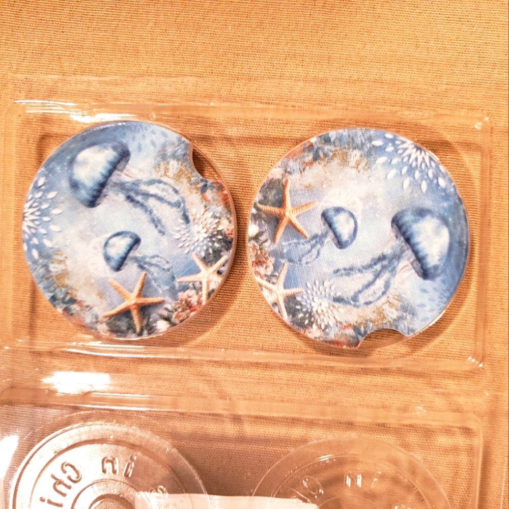 BLUE CAR COASTERS FEATURING JELLYFISH